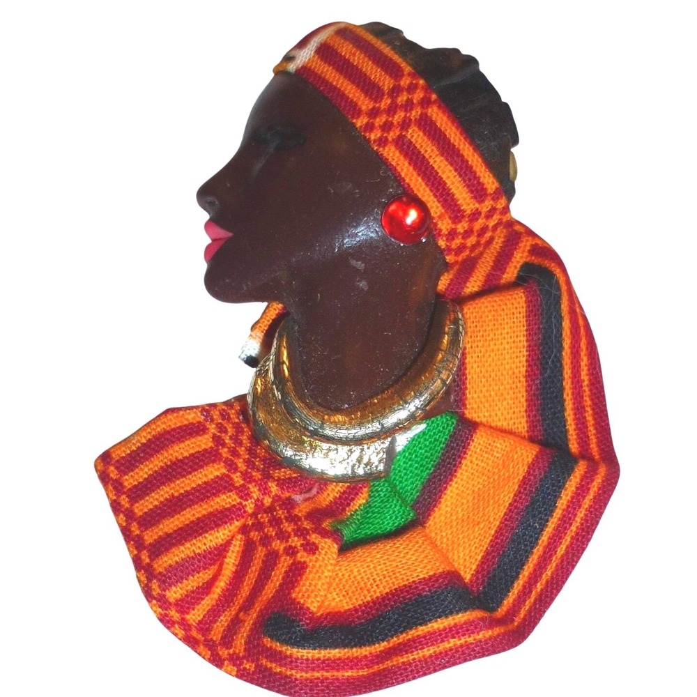 Vintage African Woman Profile Brooch Kente Cloth Fabric Headwrap Gold Tone Pin